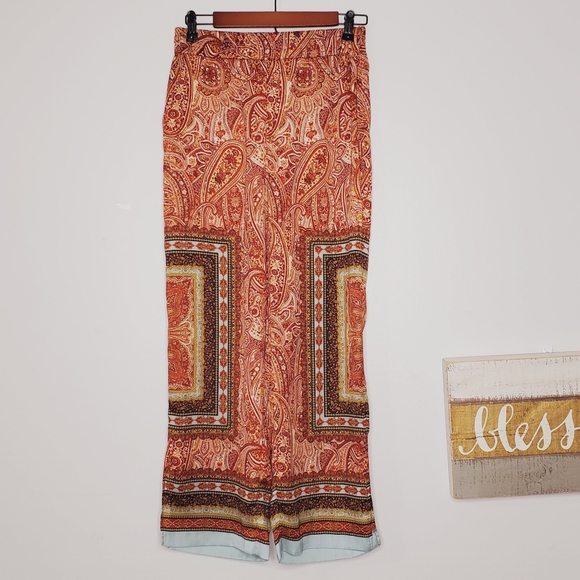 Zara Paisley Printed High Rise Pants Red Brown Multi Colored S - Picture 2 of 14